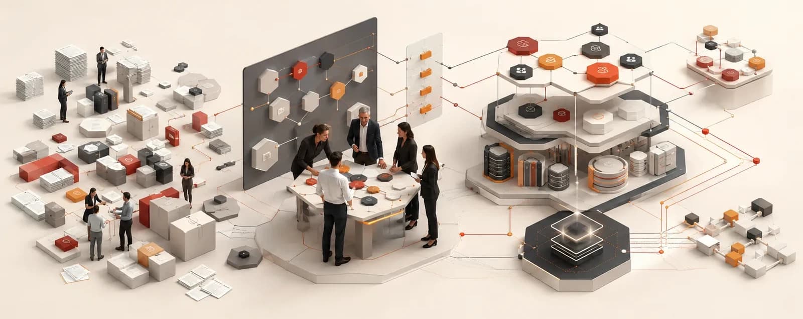 Une équipe transforme des informations dispersées en une architecture organisée reliant référentiels, responsabilités et usages.