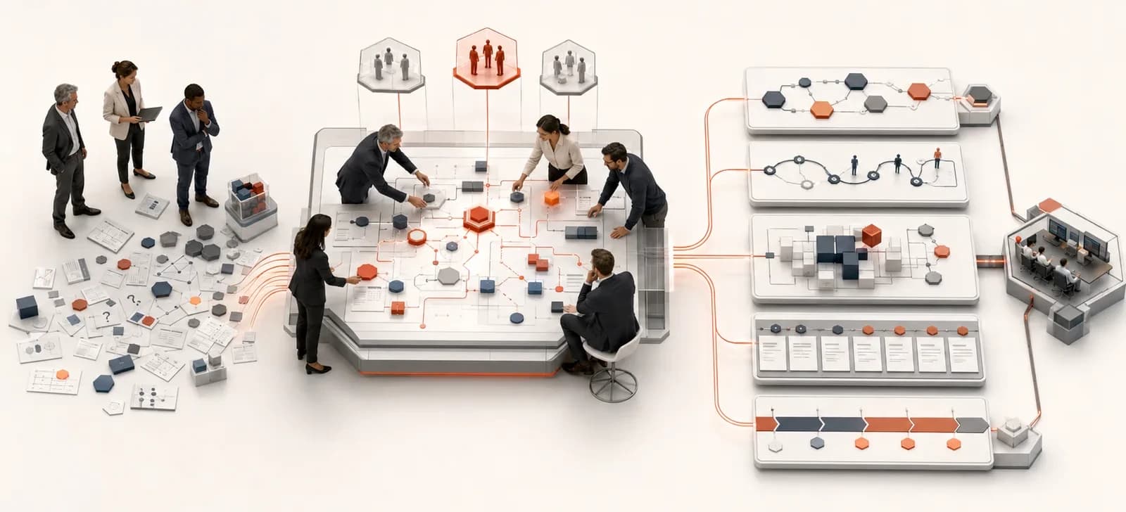 Une équipe transforme des documents et questions dispersés en vision, parcours, architecture, backlog et planification.
