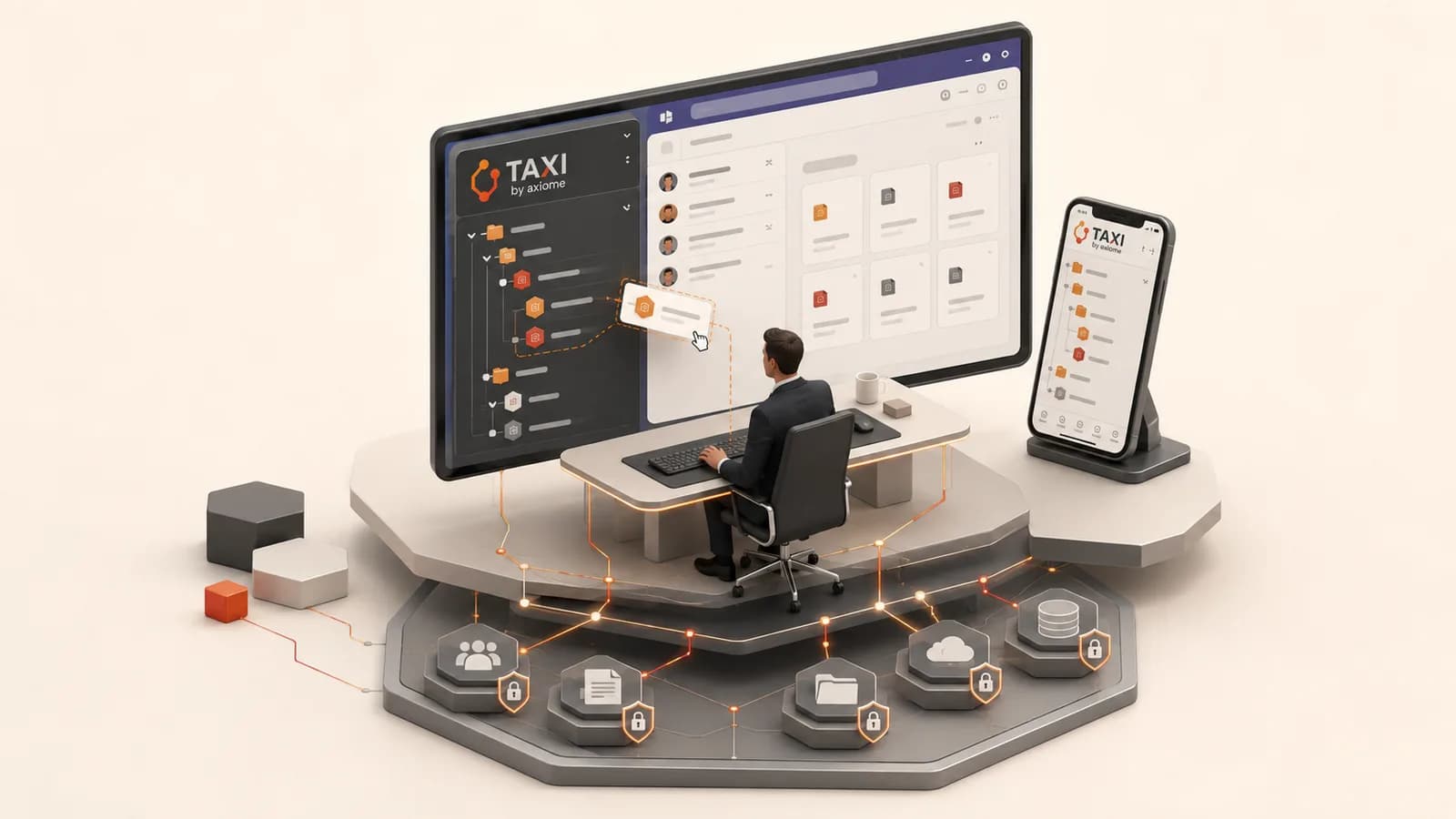 Un utilisateur organise depuis Teams ses espaces Microsoft 365 par projets, clients, métiers ou directions sur ordinateur et mobile.